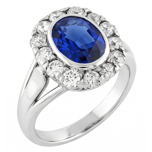 Halo Natural Earth Mined Diamond ( Not Lab Grown ) Wedding Ring Oval Ceylon Sapphire Bezel Set 4....