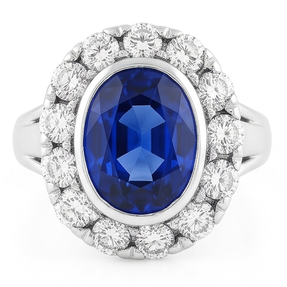 Halo Natural Earth Mined Diamond ( Not Lab Grown ) Wedding Ring Oval Ceylon Sapphire Bezel Set 4....