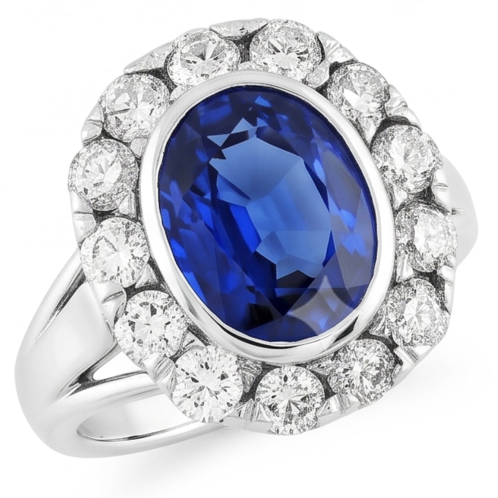Halo Natural Earth Mined Diamond ( Not Lab Grown ) Wedding Ring Oval Ceylon Sapphire Bezel Set 4....