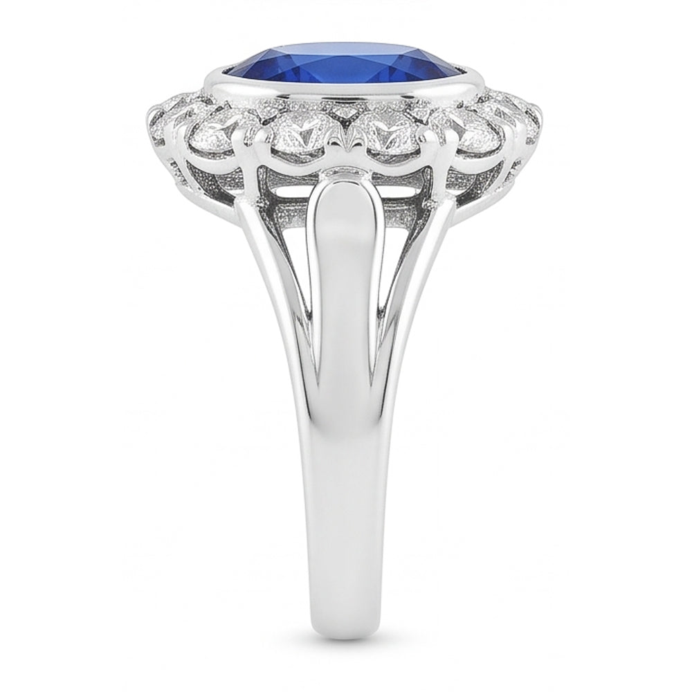 Halo Natural Earth Mined Diamond ( Not Lab Grown ) Wedding Ring Oval Ceylon Sapphire Bezel Set 4....
