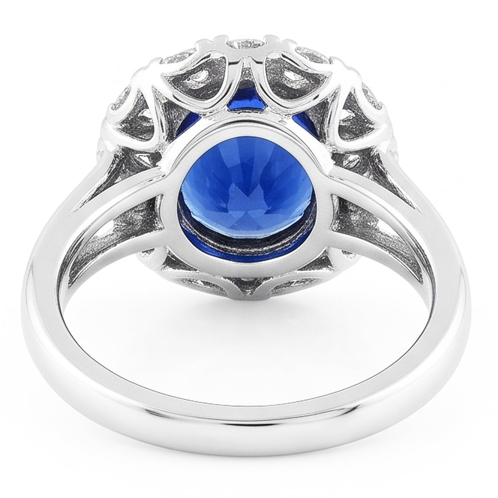 Halo Natural Earth Mined Diamond ( Not Lab Grown ) Wedding Ring Oval Ceylon Sapphire Bezel Set 4....