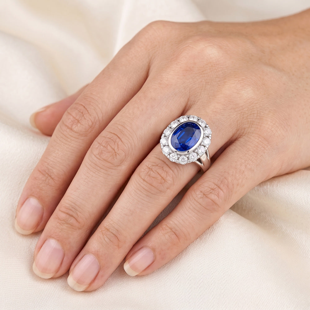 Halo Natural Earth Mined Diamond ( Not Lab Grown ) Wedding Ring Oval Ceylon Sapphire Bezel Set 4....