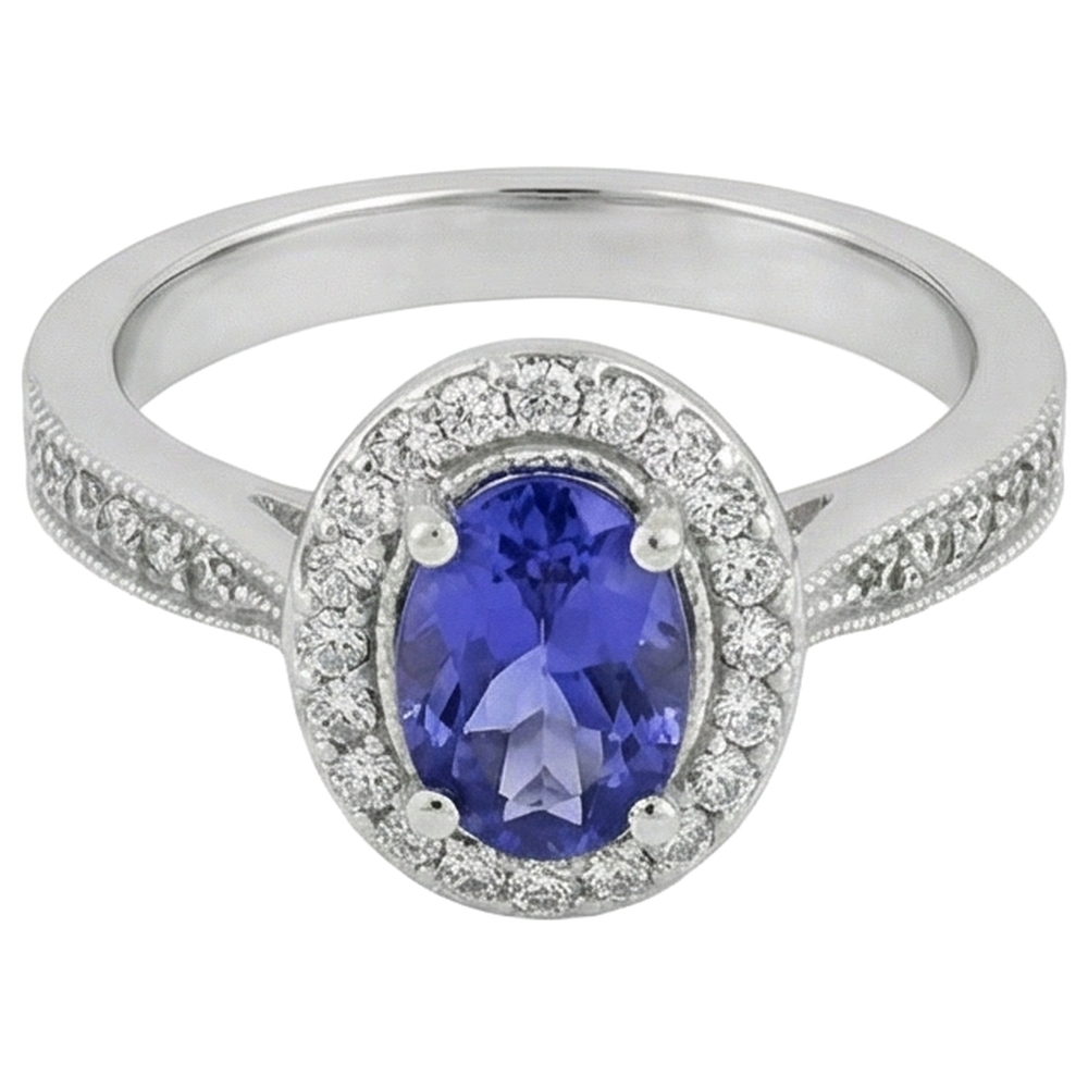 natural round tanzanite 10.25ct ring close up detail