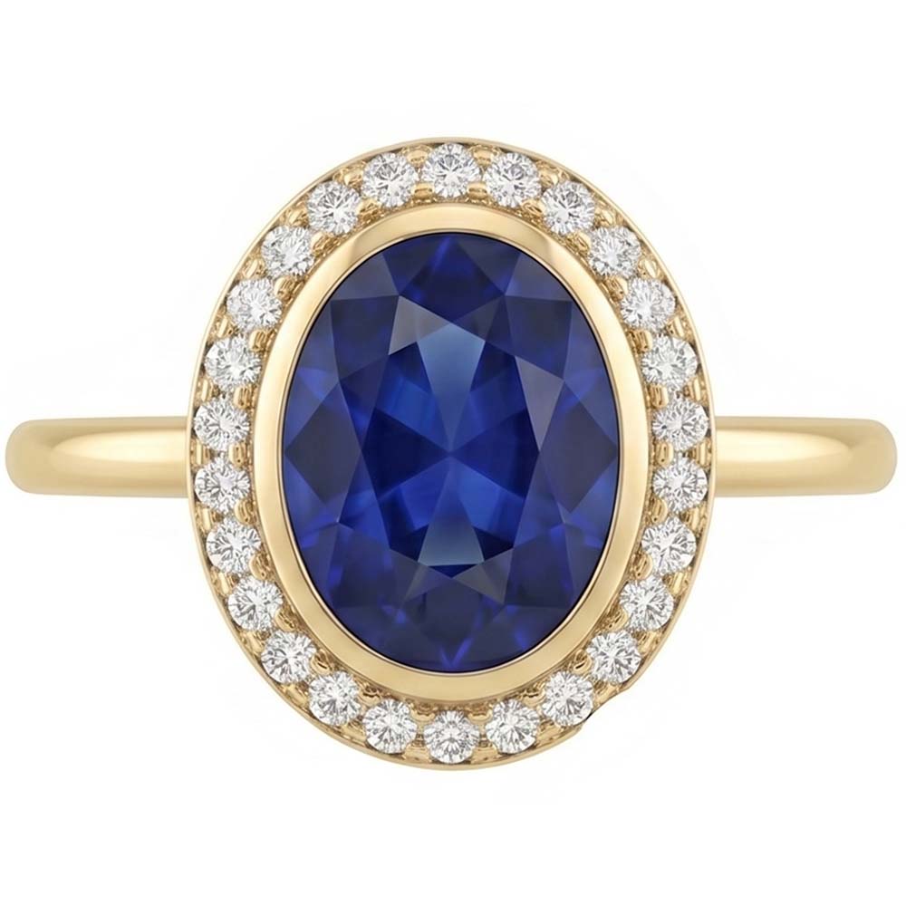 Halo Oval Blue Sapphire Ring & Natural Earth Mined Diamond ( Not Lab Grown )s 3 Carats Gold