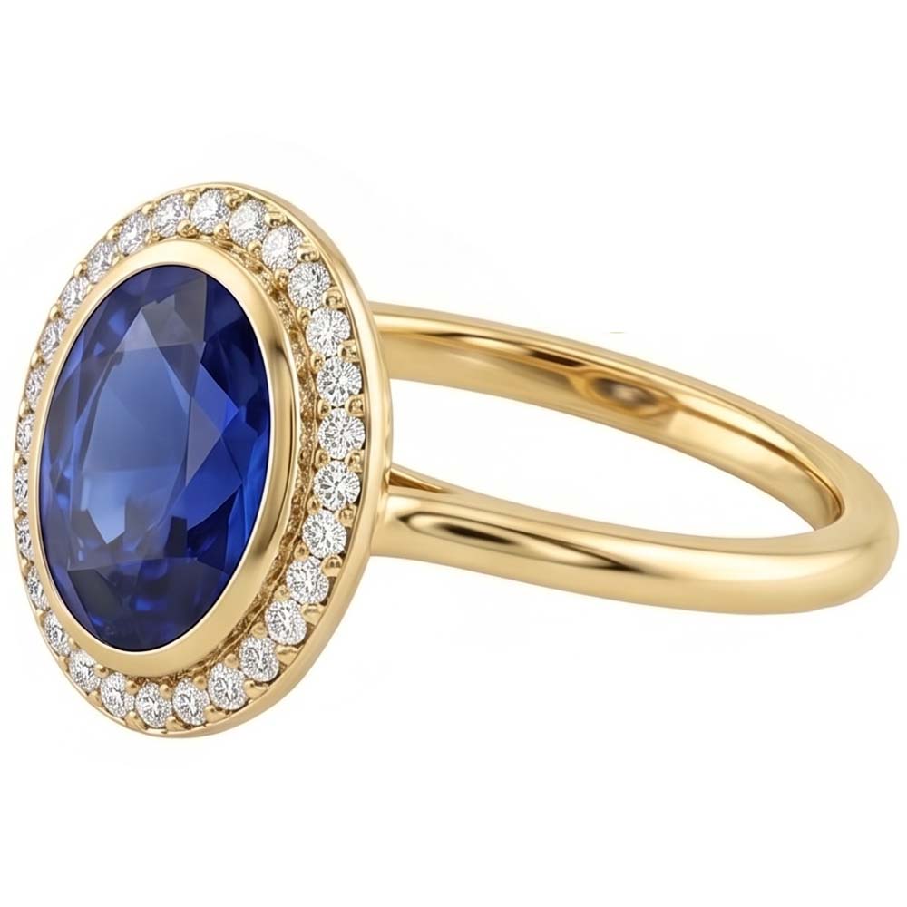 Halo Oval Blue Sapphire Ring & Natural Earth Mined Diamond ( Not Lab Grown )s 3 Carats Gold