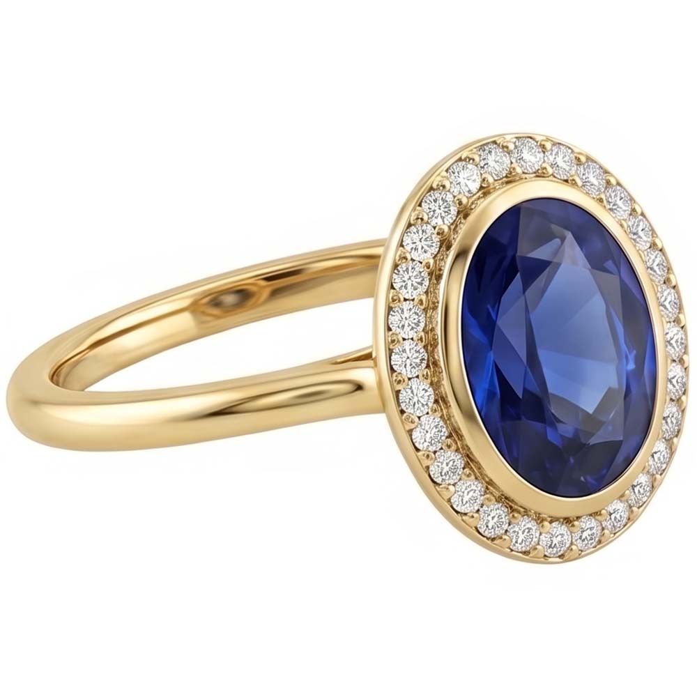 Halo Oval Blue Sapphire Ring & Natural Earth Mined Diamond ( Not Lab Grown )s 3 Carats Gold