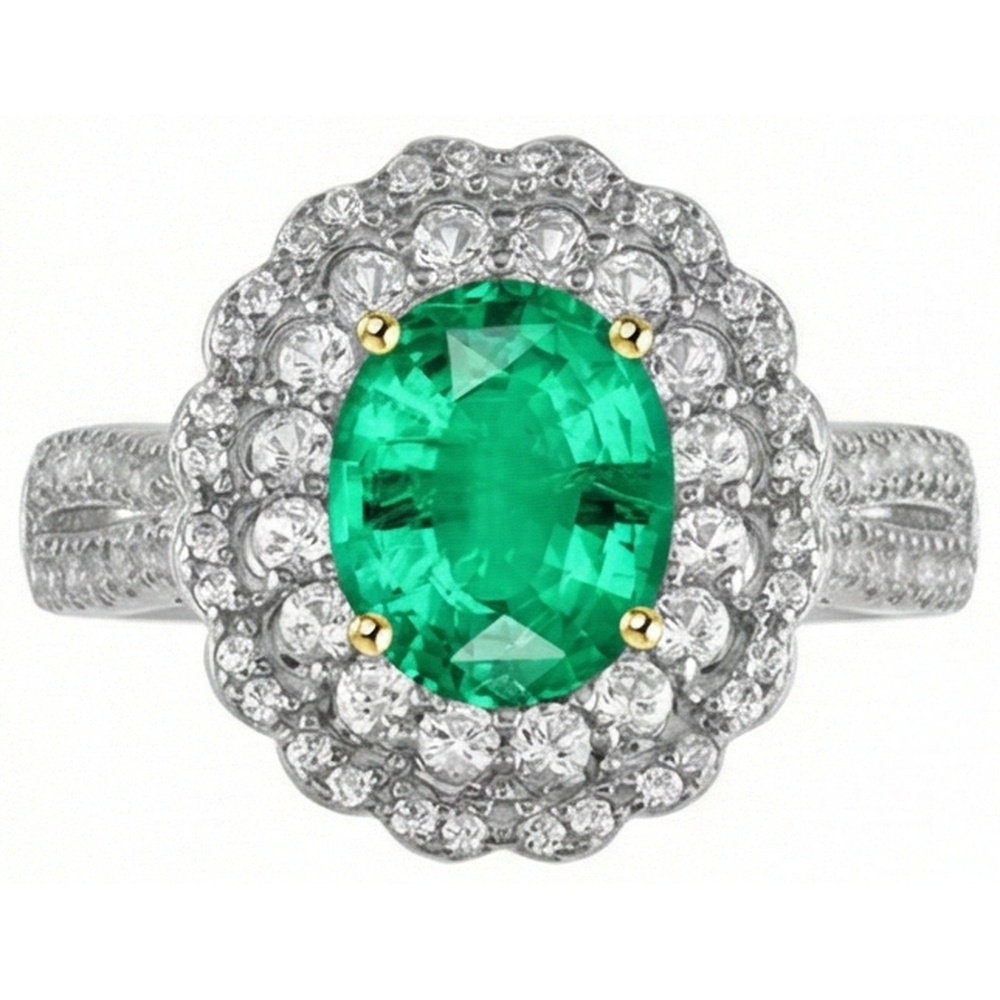 Authentic Fine Emerald Gemstone Ring 2 ct 14 Karat Two Tone Gold – angle view