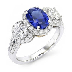 Halo Oval Sapphire Ring 3 Stone Style Split Shank 3.50 Carats