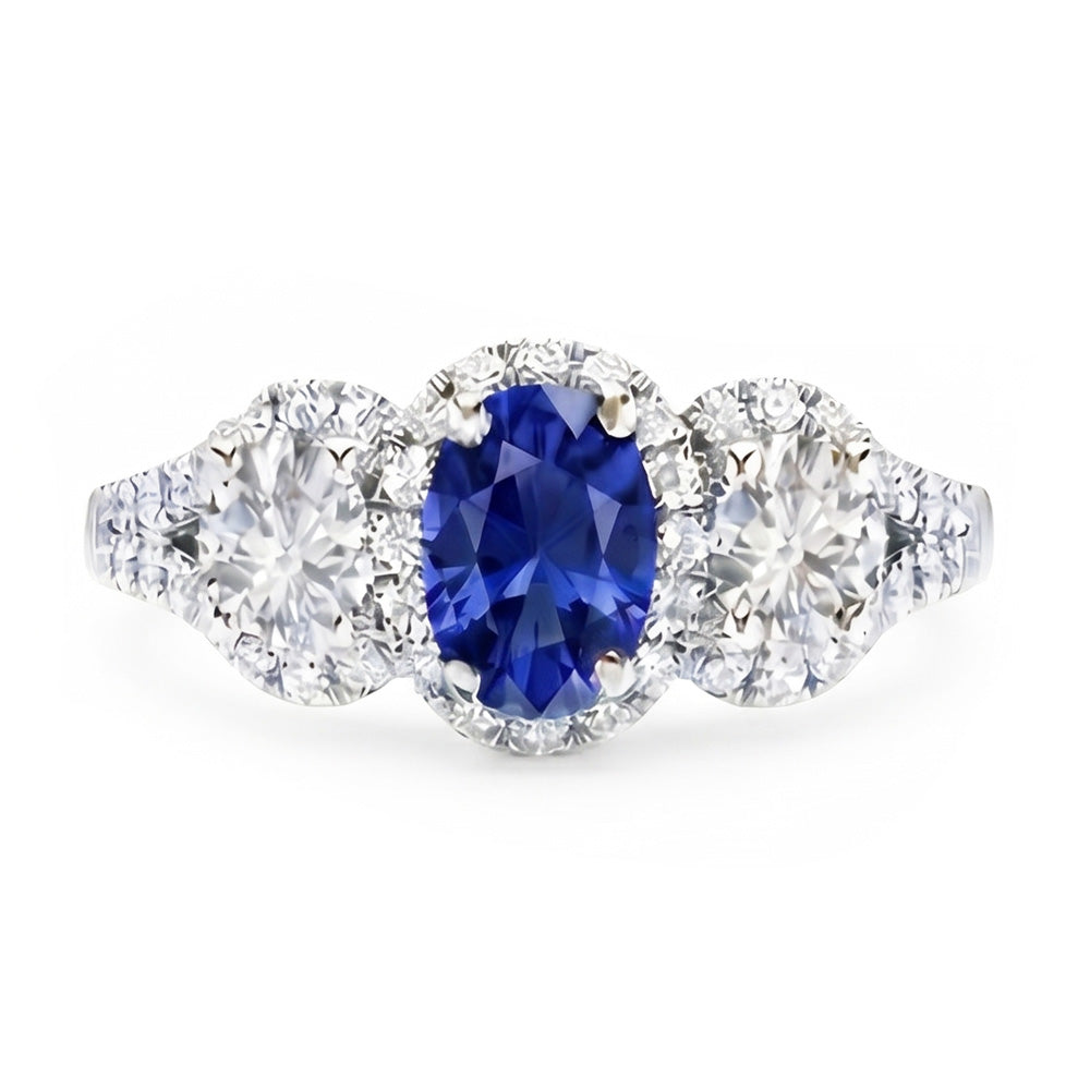 Halo Oval Sapphire Ring 3 Stone Style Split Shank 3.50 Carats