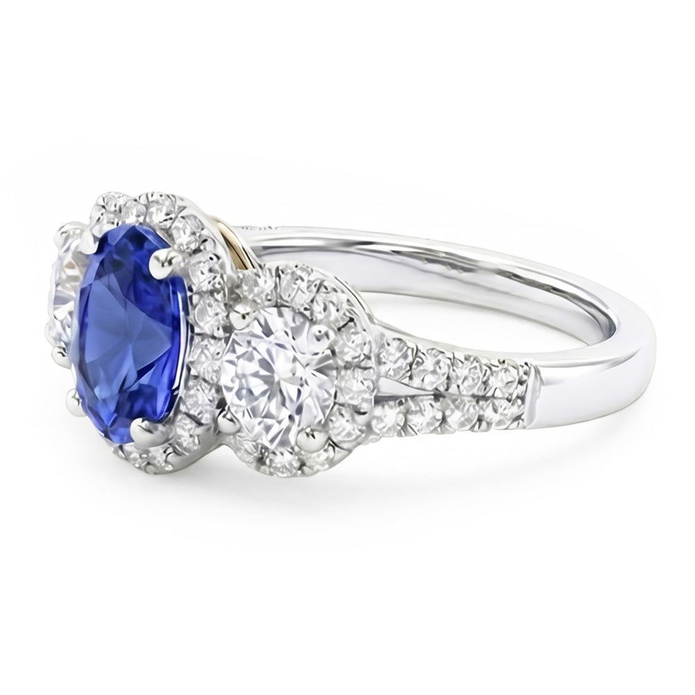 Halo Oval Sapphire Ring 3 Stone Style Split Shank 3.50 Carats
