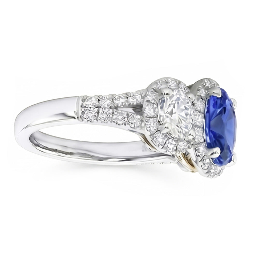 Halo Oval Sapphire Ring 3 Stone Style Split Shank 3.50 Carats