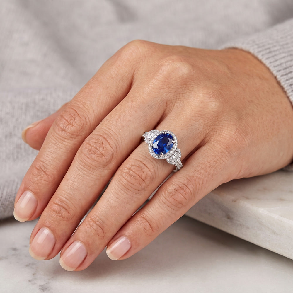 Halo Oval Sapphire Ring 3 Stone Style Split Shank 3.50 Carats
