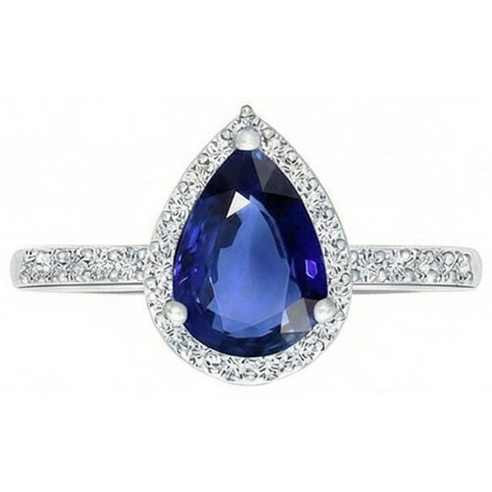 Halo Pear Blue Sapphire Ring & Natural Earth Mined Diamond ( Not Lab Grown )s 3.25 Carats White Gold 14K