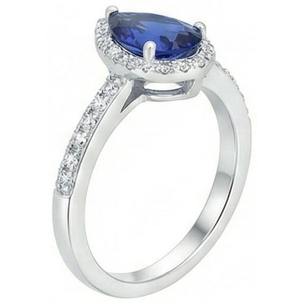Halo Pear Blue Sapphire Ring & Natural Earth Mined Diamond ( Not Lab Grown )s 3.25 Carats White Gold 14K