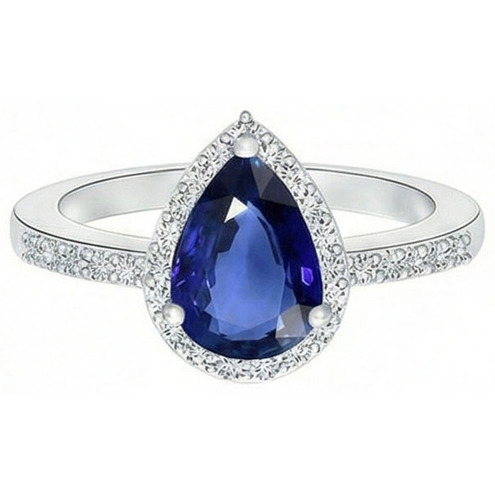 Halo Pear Blue Sapphire Ring & Natural Earth Mined Diamond ( Not Lab Grown )s 3.25 Carats White Gold 14K