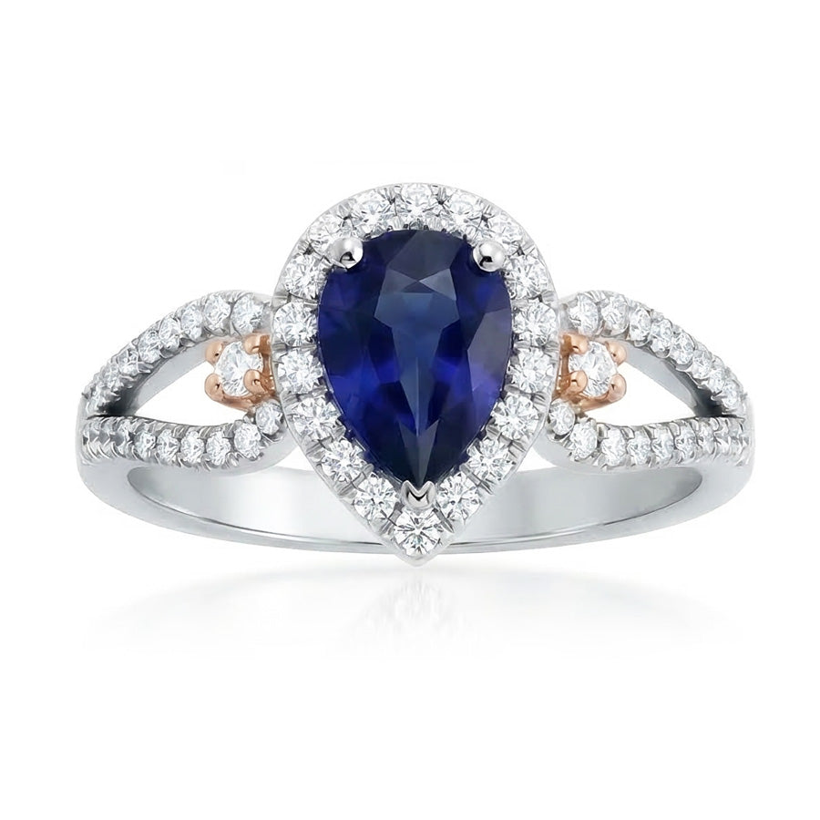 Halo Pear Ceylon Sapphire Ring Natural Earth Mined Diamond ( Not Lab Grown ) Ladies Jewelry