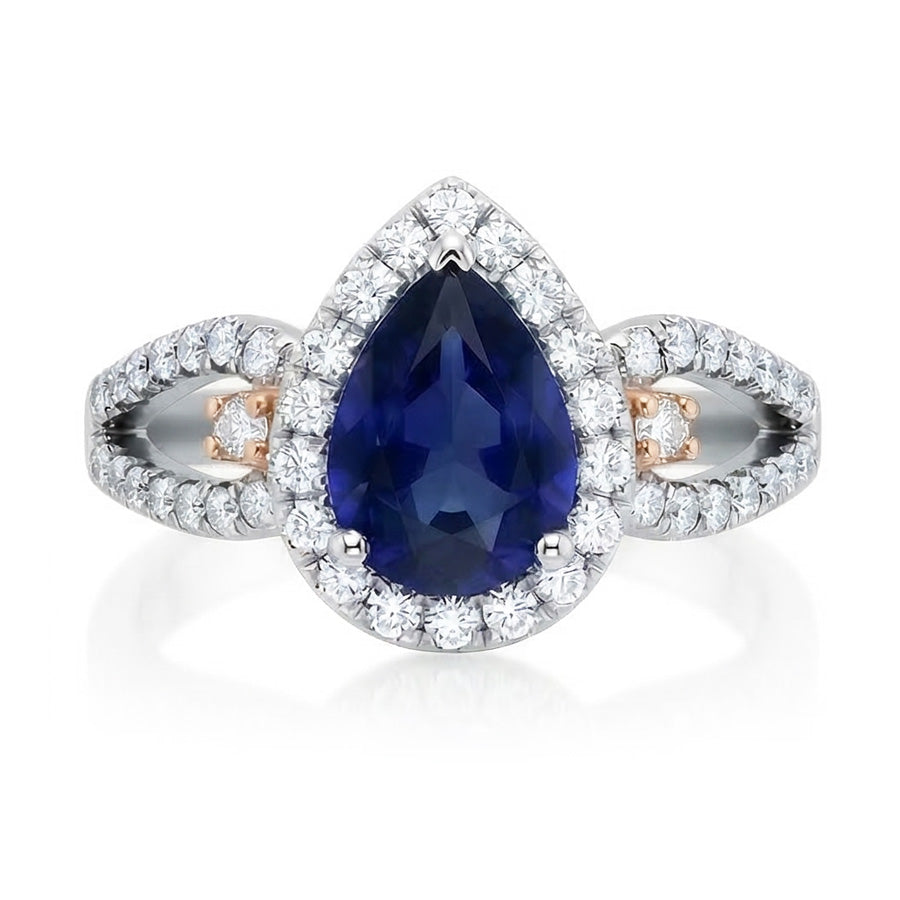 Halo Pear Ceylon Sapphire Ring Natural Earth Mined Diamond ( Not Lab Grown ) Ladies Jewelry