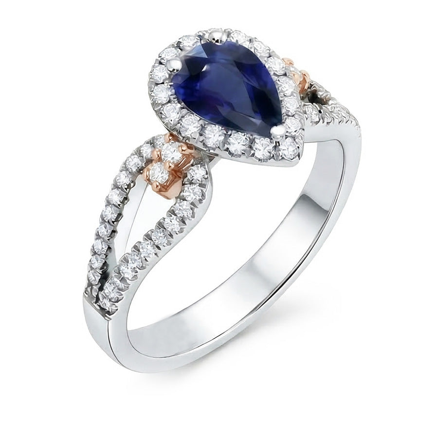Halo Pear Ceylon Sapphire Ring Natural Earth Mined Diamond ( Not Lab Grown ) Ladies Jewelry