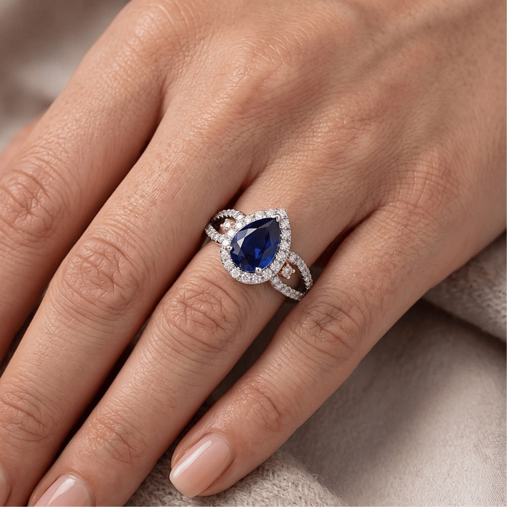 Halo Pear Ceylon Sapphire Ring Natural Earth Mined Diamond ( Not Lab Grown ) Ladies Jewelry