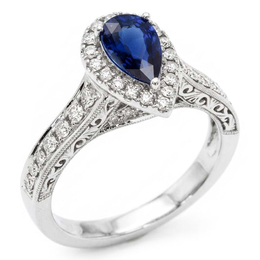 Halo Pear Cut Ceylon Sapphire Ring Antique Style Natural Earth Mined Diamond ( Not Lab Grown )