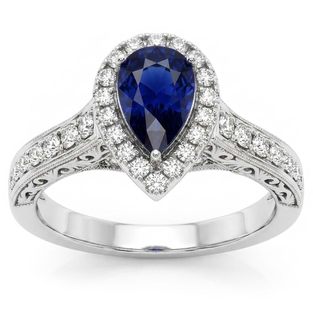 Halo Pear Cut Ceylon Sapphire Ring Antique Style Natural Earth Mined Diamond ( Not Lab Grown )