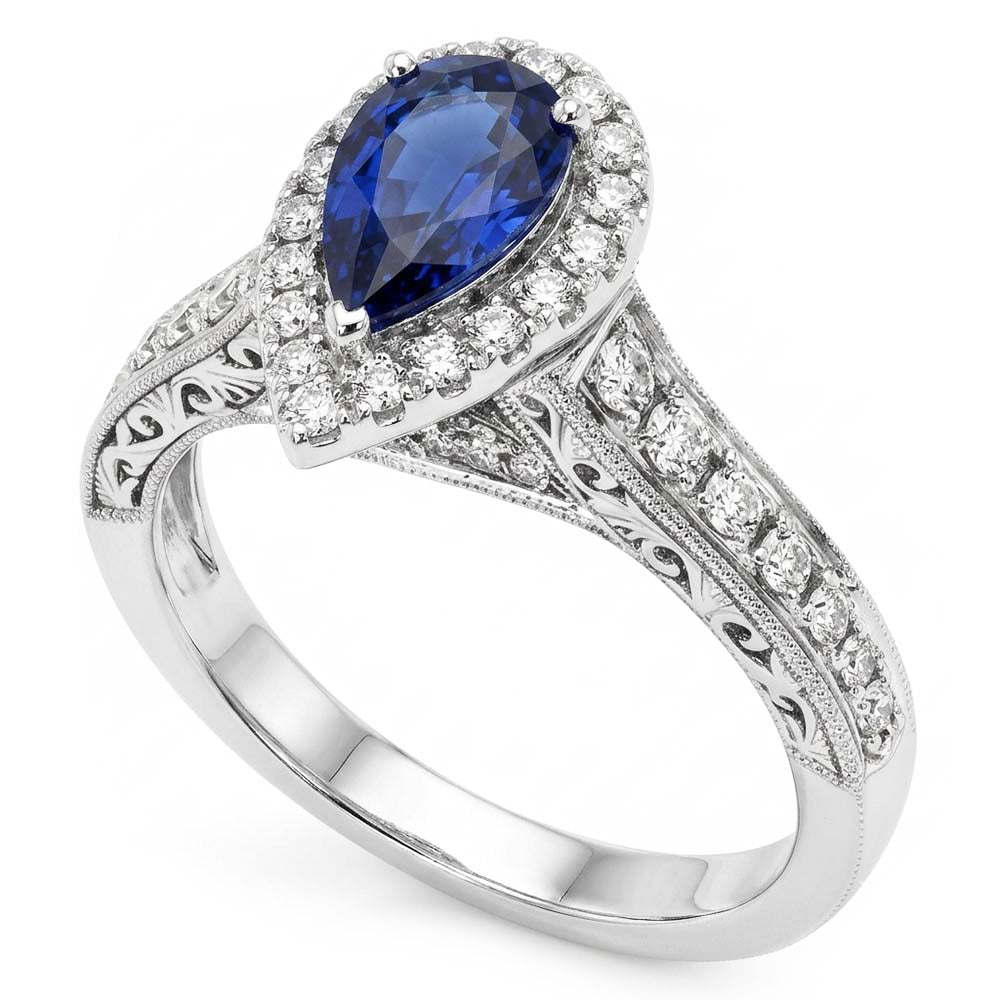 Halo Pear Cut Ceylon Sapphire Ring Antique Style Natural Earth Mined Diamond ( Not Lab Grown )