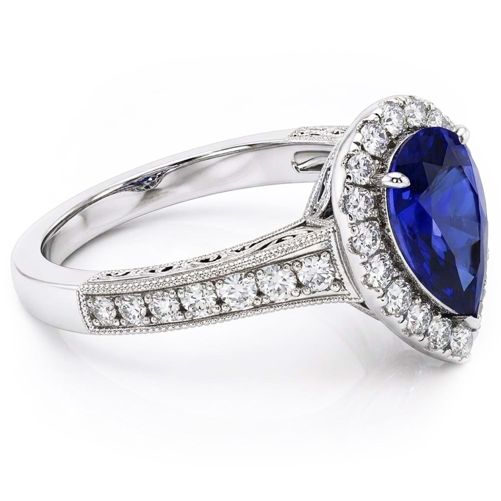 Halo Pear Cut Ceylon Sapphire Ring Antique Style Natural Earth Mined Diamond ( Not Lab Grown )