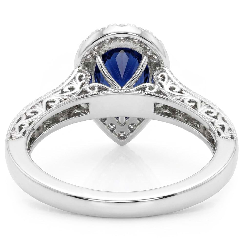 Halo Pear Cut Ceylon Sapphire Ring Antique Style Natural Earth Mined Diamond ( Not Lab Grown )
