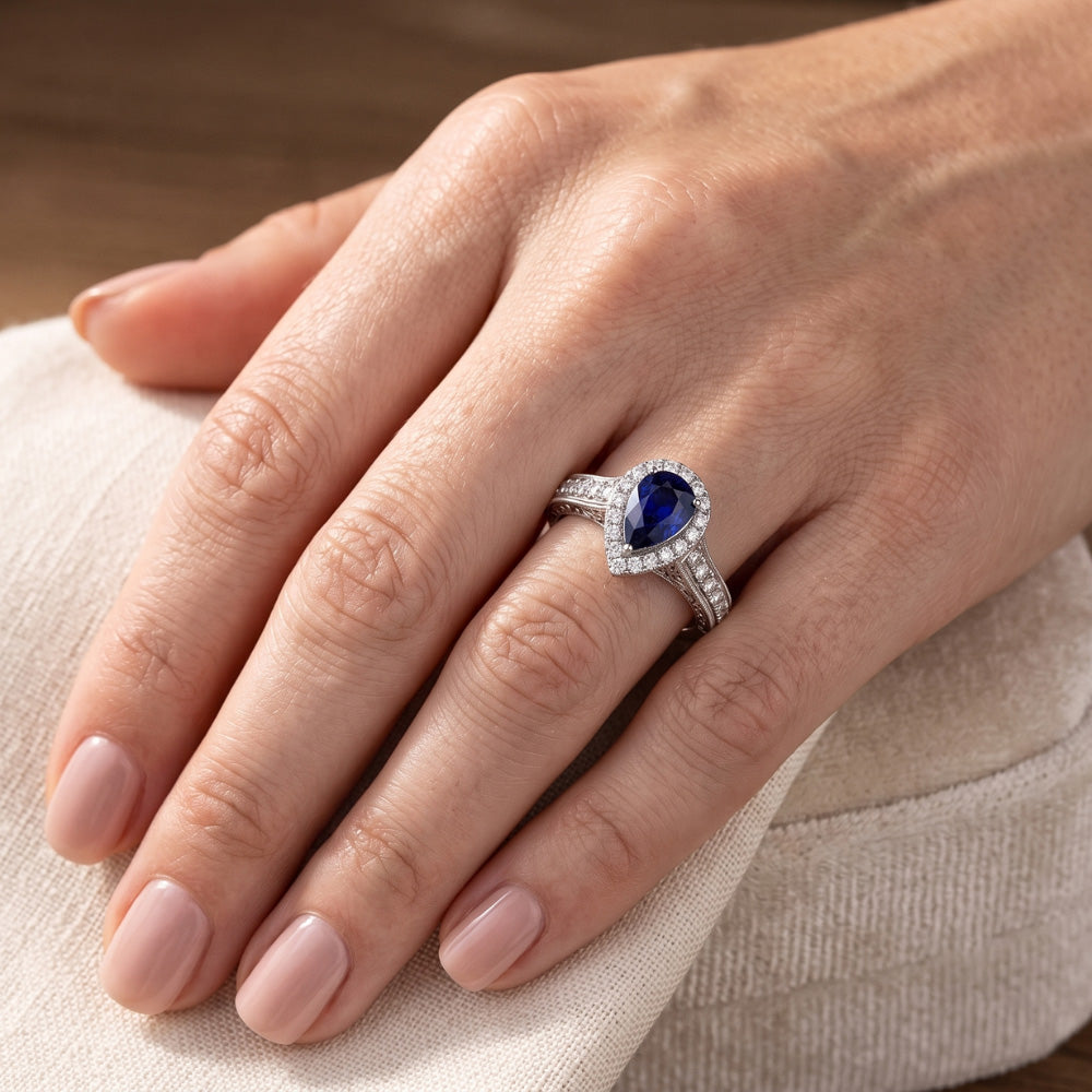 Halo Pear Cut Ceylon Sapphire Ring Antique Style Natural Earth Mined Diamond ( Not Lab Grown )