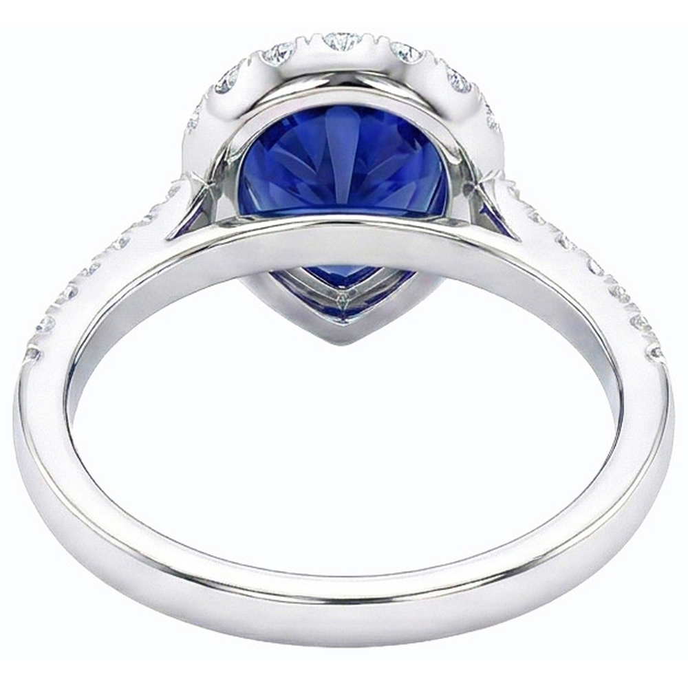 Halo Pear Shaped Blue Sapphire & Round Natural Earth Mined Diamond ( Not Lab Grown ) Ring 5 Carats