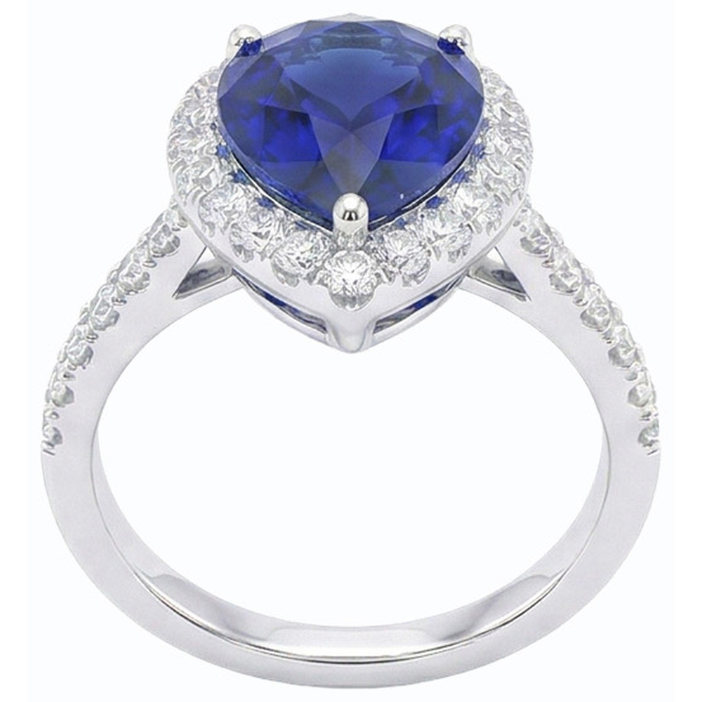 Halo Pear Shaped Blue Sapphire & Round Natural Earth Mined Diamond ( Not Lab Grown ) Ring 5 Carats