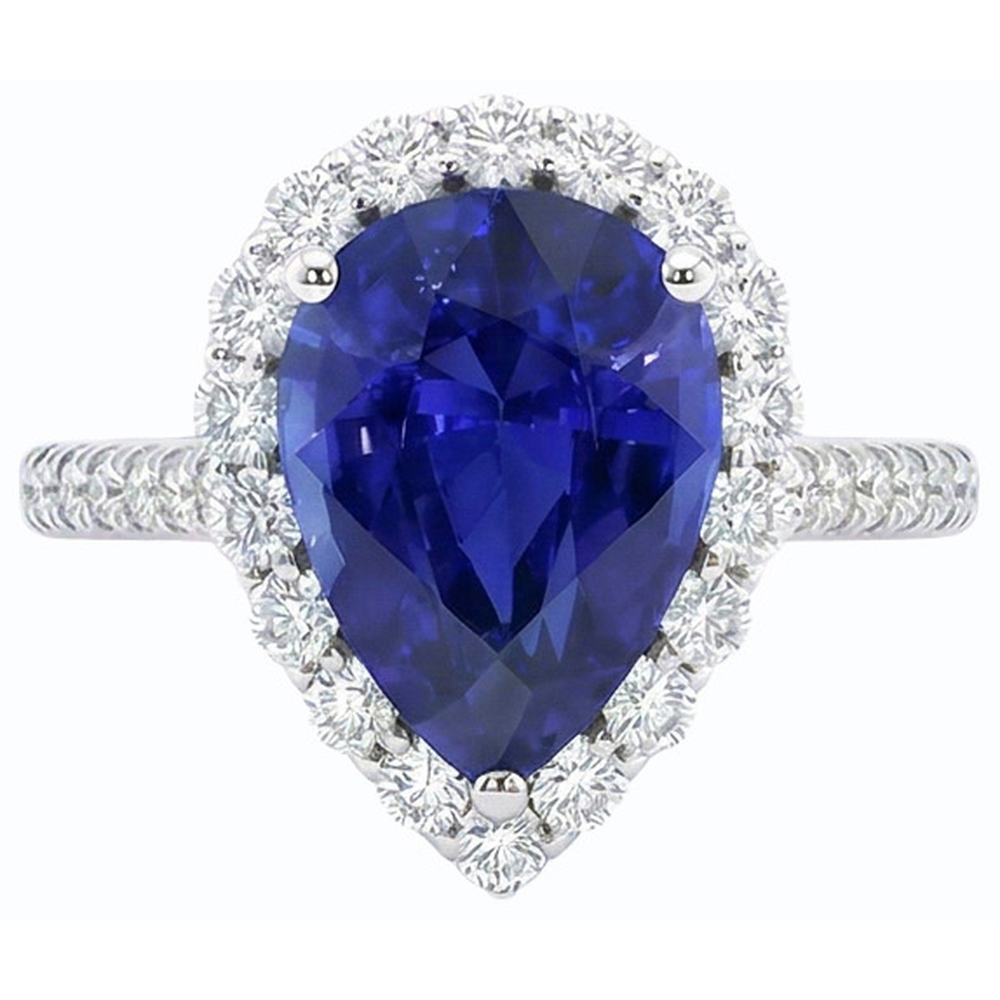 Halo Pear Shaped Blue Sapphire & Round Natural Earth Mined Diamond ( Not Lab Grown ) Ring 5 Carats