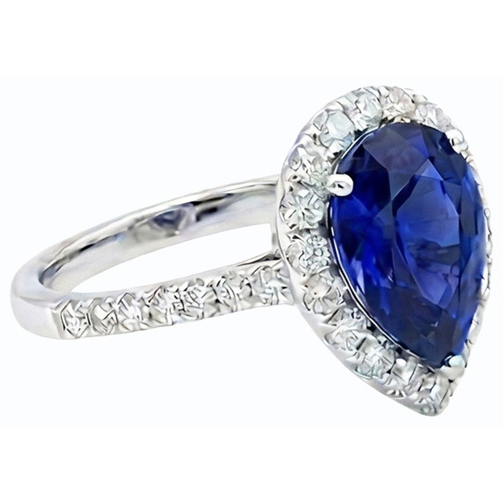 Halo Pear Shaped Blue Sapphire & Round Natural Earth Mined Diamond ( Not Lab Grown ) Ring 5 Carats