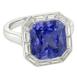 Halo Radiant Blue Sapphire Ring & Baguette Natural Earth Mined Diamond ( Not Lab Grown )s 3.50 Carats