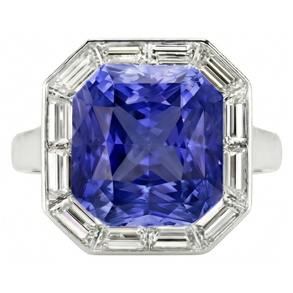 Halo Radiant Blue Sapphire Ring & Baguette Natural Earth Mined Diamond ( Not Lab Grown )s 3.50 Carats