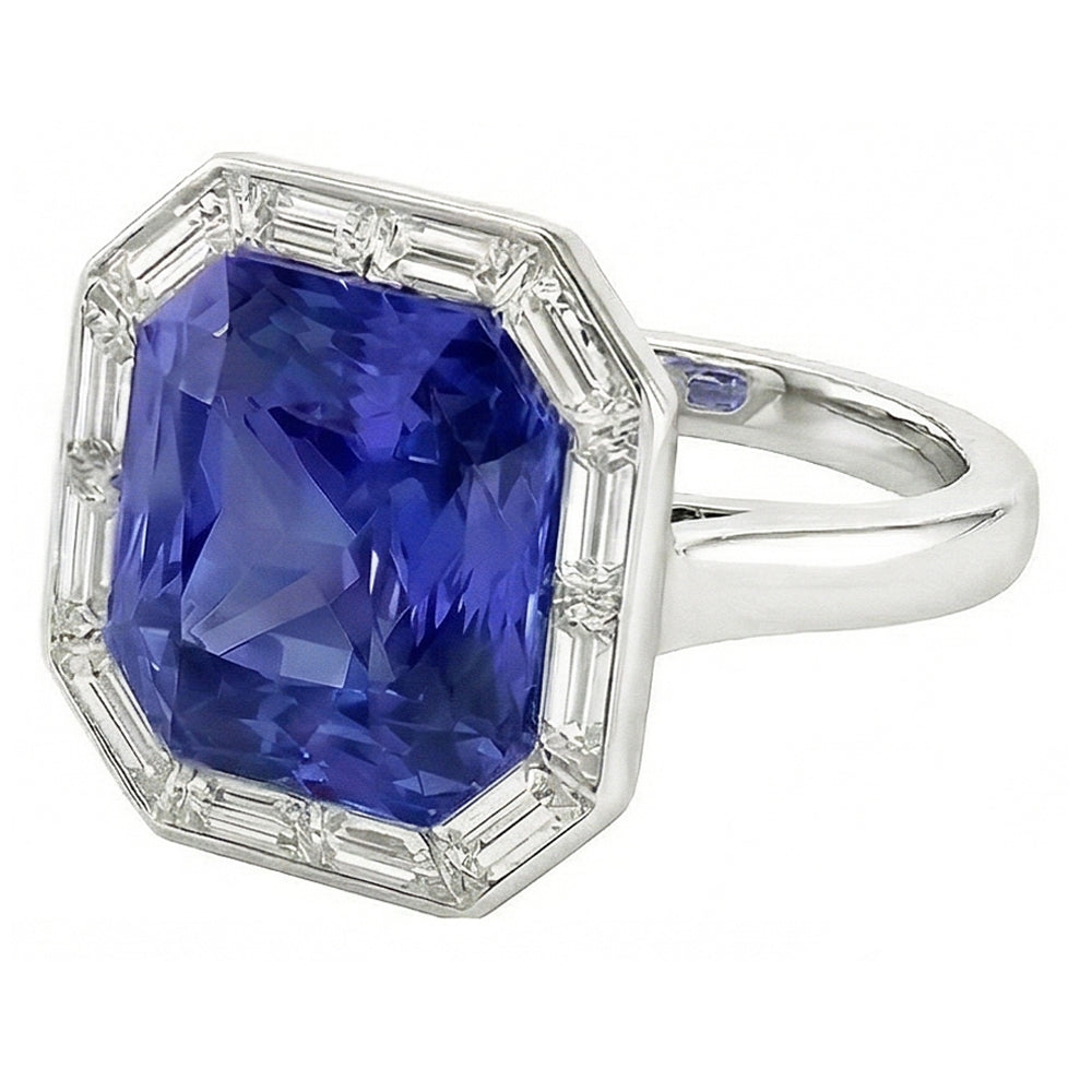 Halo Radiant Blue Sapphire Ring & Baguette Natural Earth Mined Diamond ( Not Lab Grown )s 3.50 Carats