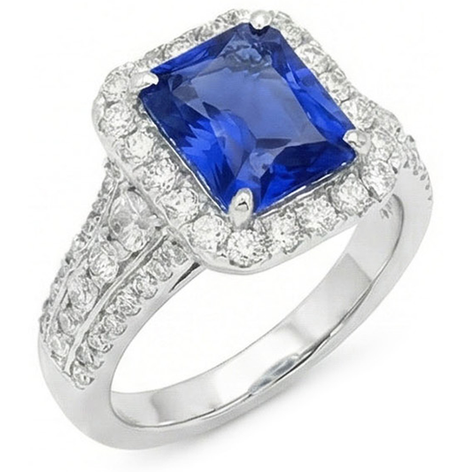 Halo Radiant Ceylon Sapphire Natural Earth Mined Diamond ( Not Lab Grown ) Ring Jewelry 3.50 Carats