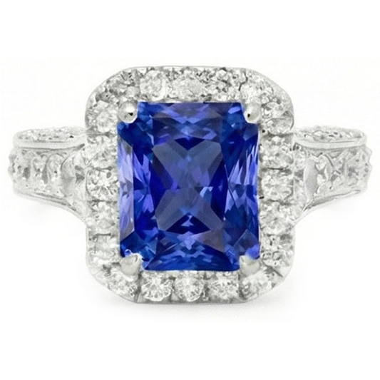 Halo Radiant Ceylon Sapphire Natural Earth Mined Diamond ( Not Lab Grown ) Ring Jewelry 3.50 Carats