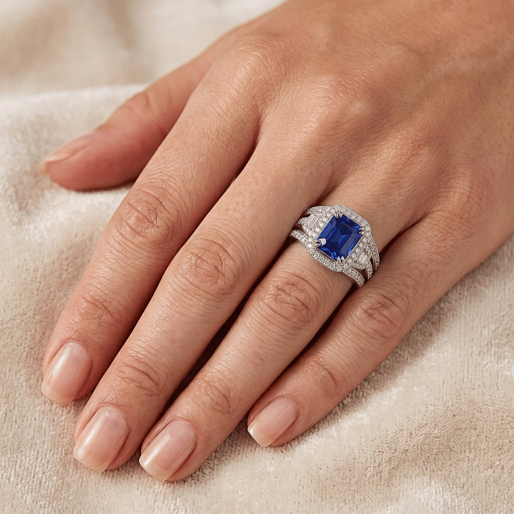 Halo Radiant Sapphire Natural Earth Mined Diamond ( Not Lab Grown ) Engagement Ring With Jacket 4.50 Carats