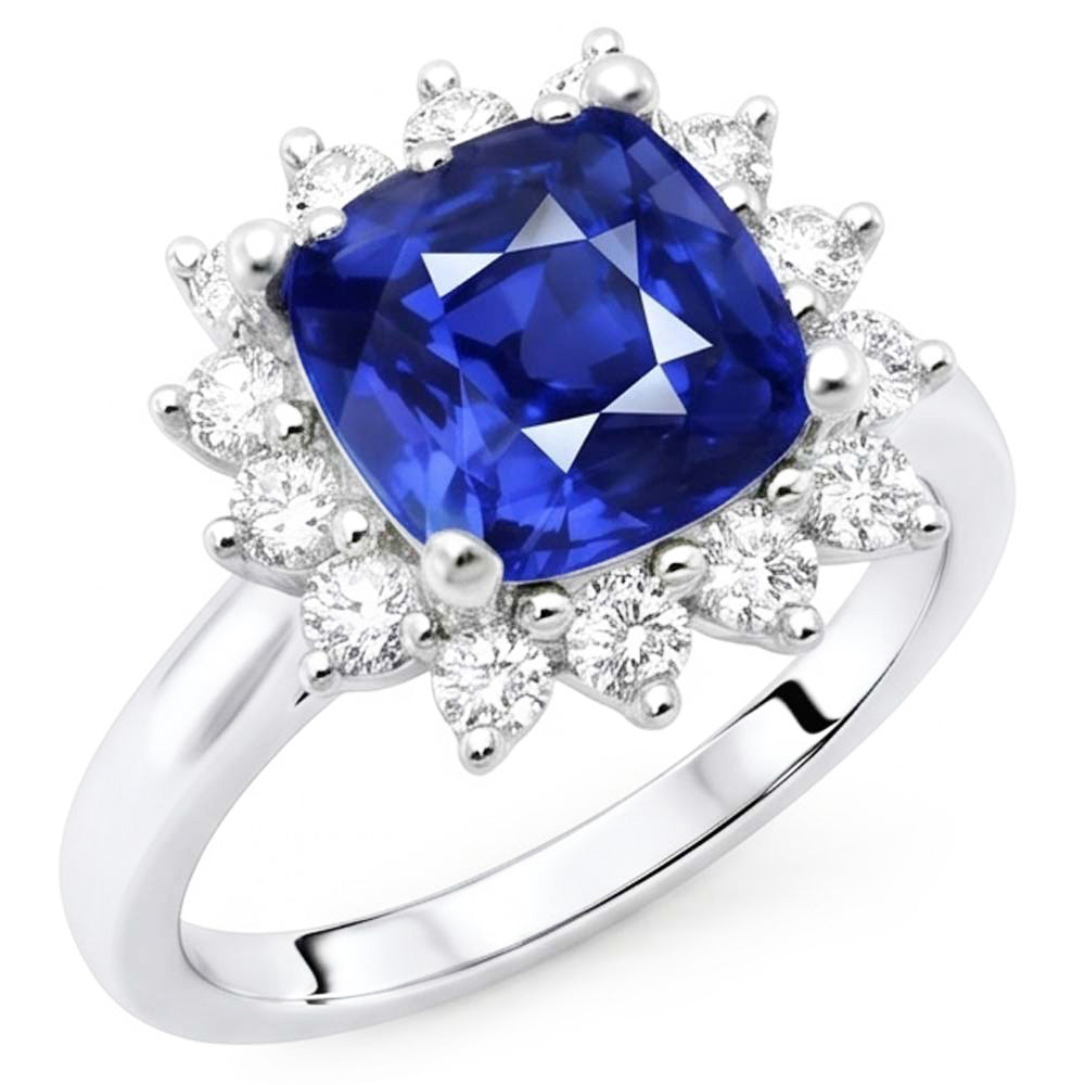 Halo Ring Cushion Sapphire & Round Natural Earth Mined Diamond ( Not Lab Grown )s Star Style 3.50 Carats