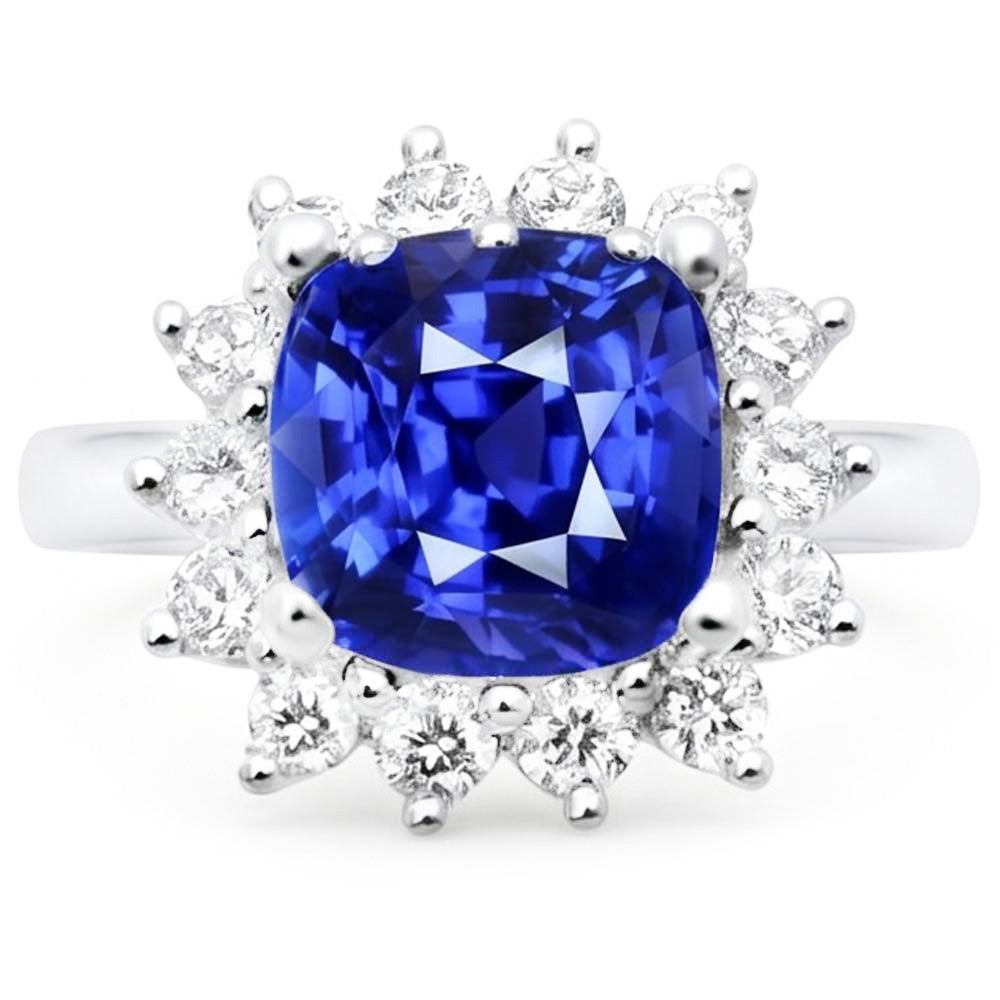 Halo Ring Cushion Sapphire & Round Natural Earth Mined Diamond ( Not Lab Grown )s Star Style 3.50 Carats