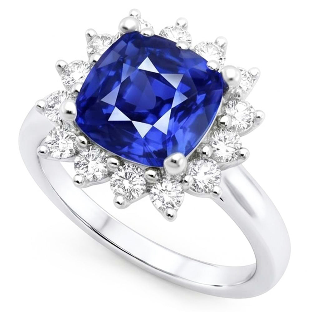 Halo Ring Cushion Sapphire & Round Natural Earth Mined Diamond ( Not Lab Grown )s Star Style 3.50 Carats