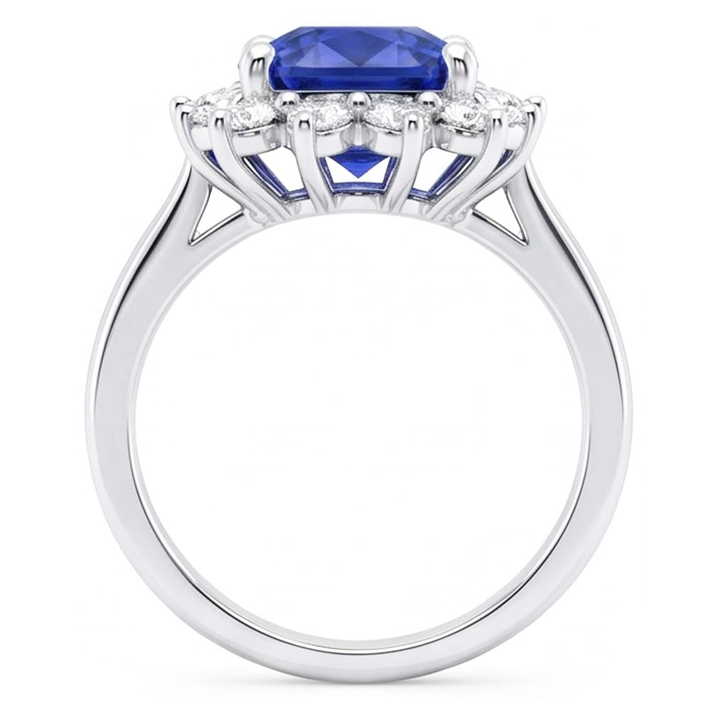 Halo Ring Cushion Sapphire & Round Natural Earth Mined Diamond ( Not Lab Grown )s Star Style 3.50 Carats