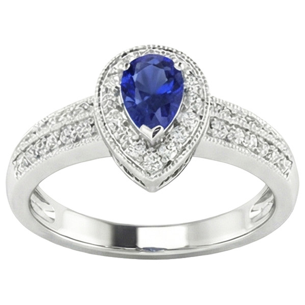 Halo Ring Double Shank Pear Blue Sapphire & Natural Earth Mined Diamond ( Not Lab Grown )s 2 Carats