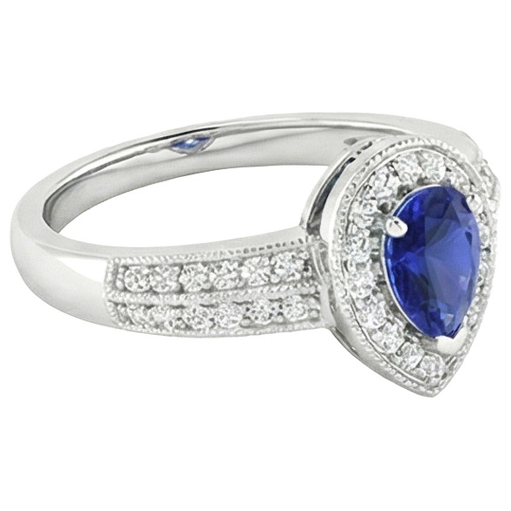 Halo Ring Double Shank Pear Blue Sapphire & Natural Earth Mined Diamond ( Not Lab Grown )s 2 Carats