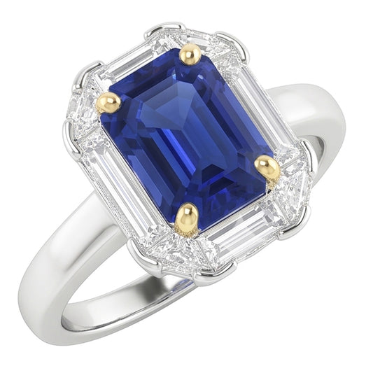 Halo Ring Emerald Blue Sapphire Trillion & Baguette Natural Earth Mined Diamond ( Not Lab Grown )s 3 Carats