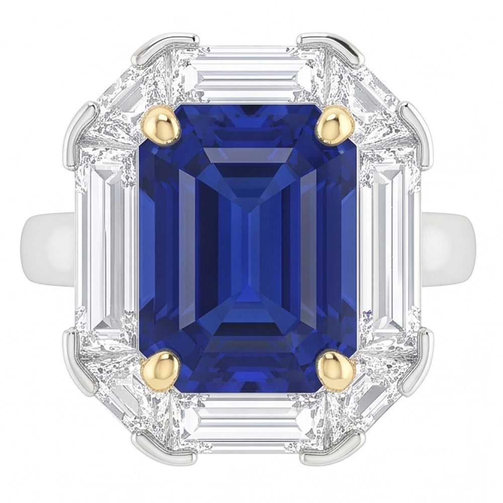 Halo Ring Emerald Blue Sapphire Trillion & Baguette Natural Earth Mined Diamond ( Not Lab Grown )s 3 Carats
