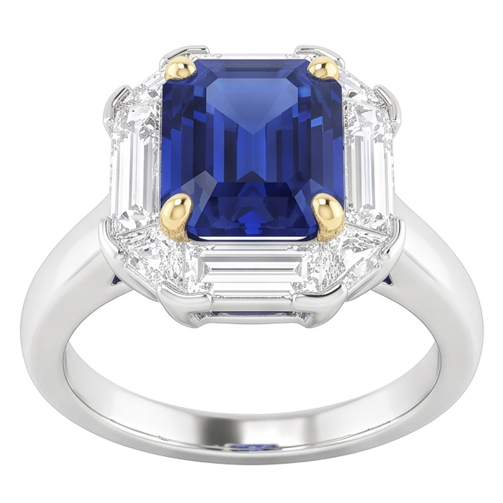 Halo Ring Emerald Blue Sapphire Trillion & Baguette Natural Earth Mined Diamond ( Not Lab Grown )s 3 Carats