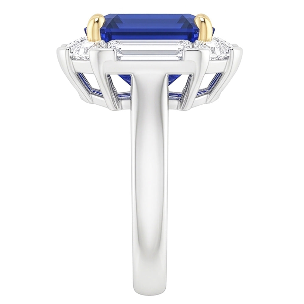 Halo Ring Emerald Blue Sapphire Trillion & Baguette Natural Earth Mined Diamond ( Not Lab Grown )s 3 Carats