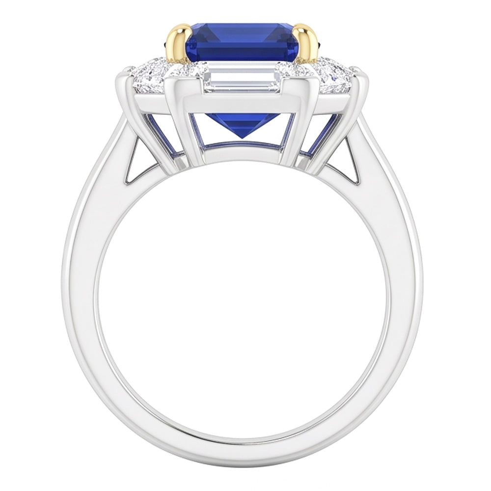 Halo Ring Emerald Blue Sapphire Trillion & Baguette Natural Earth Mined Diamond ( Not Lab Grown )s 3 Carats